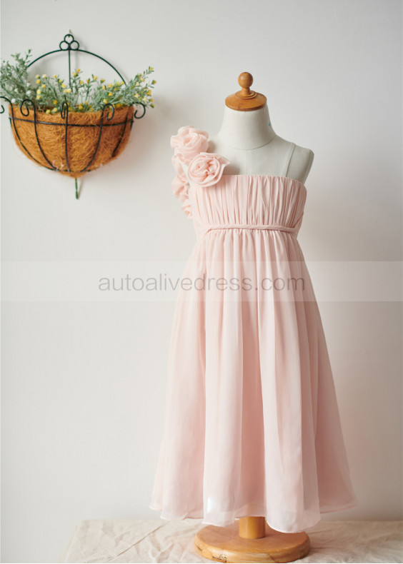 One Shoulder Blush Pink Chiffon Knee Length Flower Girl Dress